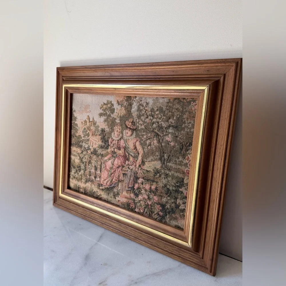 Vintage Tapestry Wall Art Pink & Green Countryside Scene wooden brass frame